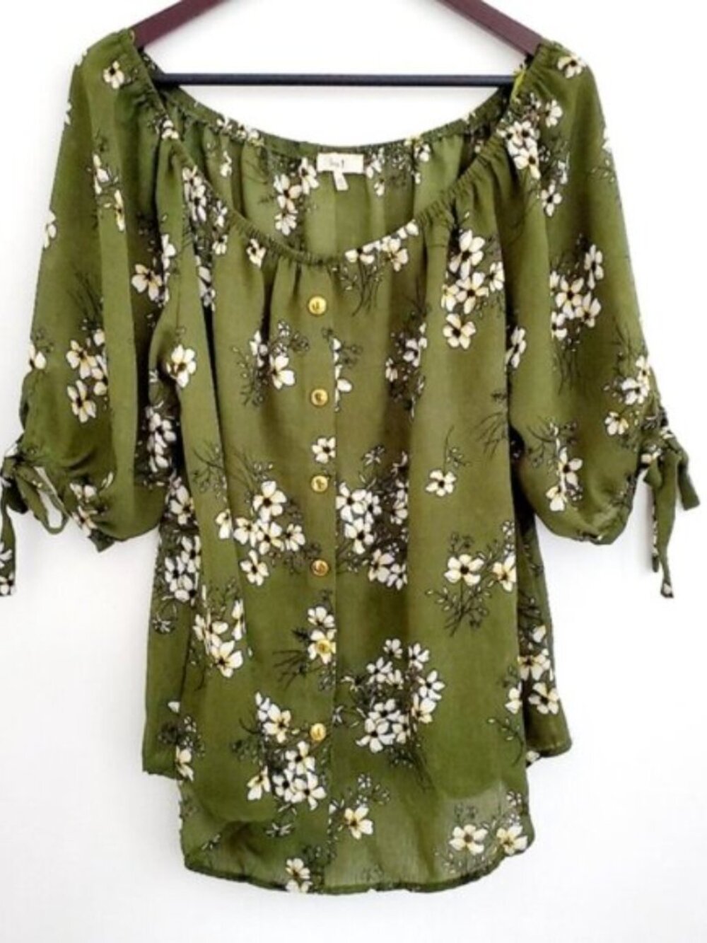 LOVE J 2X On/Off The Shoulder Pullover Floral Avocado Green Lightweight Blouse